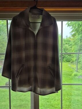 Plaid Zip-Front Cape Jacket in Brown